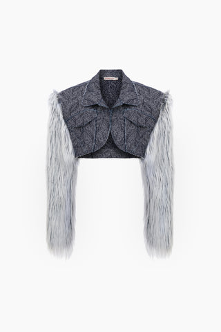 Blue Furry Denim Jacket / Dark Blue Patterned