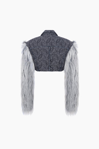 Blue Furry Denim Jacket / Dark Blue Patterned