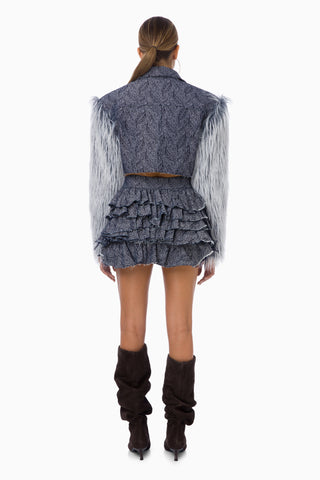 Blue Furry Denim Jacket / Dark Blue Patterned