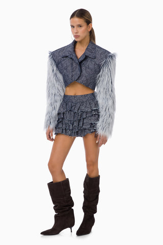 Blue Furry Denim Jacket / Dark Blue Patterned