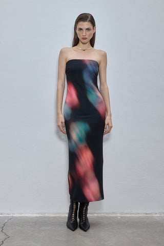 Lela Black Patterned Strapless Maxi Dress