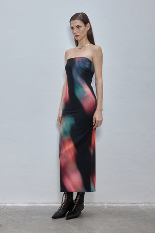 Lela Black Patterned Strapless Maxi Dress