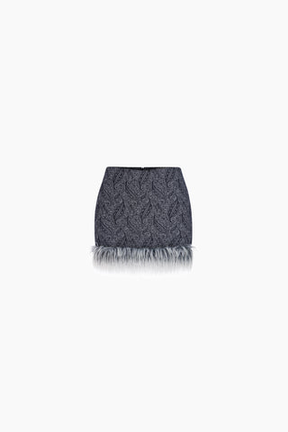 Milena Furry Mini Denim Skirt / Dark Blue Patterned
