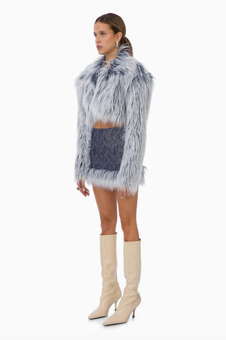 Milena Furry Mini Denim Skirt / Dark Blue Patterned