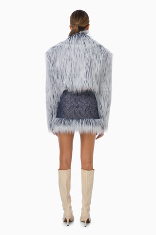 Milena Furry Mini Denim Skirt / Dark Blue Patterned
