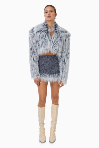 Milena Furry Mini Denim Skirt / Dark Blue Patterned