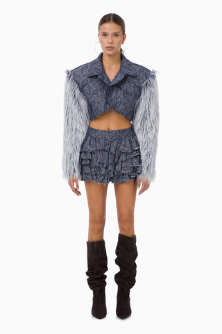 Mills Ruffled Mini Denim Skirt / Dark Blue Patterned