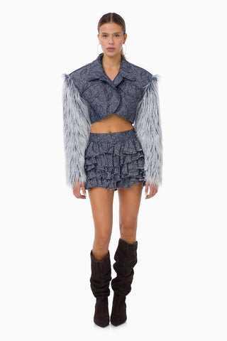 Blue Furry Denim Jacket / Dark Blue Patterned